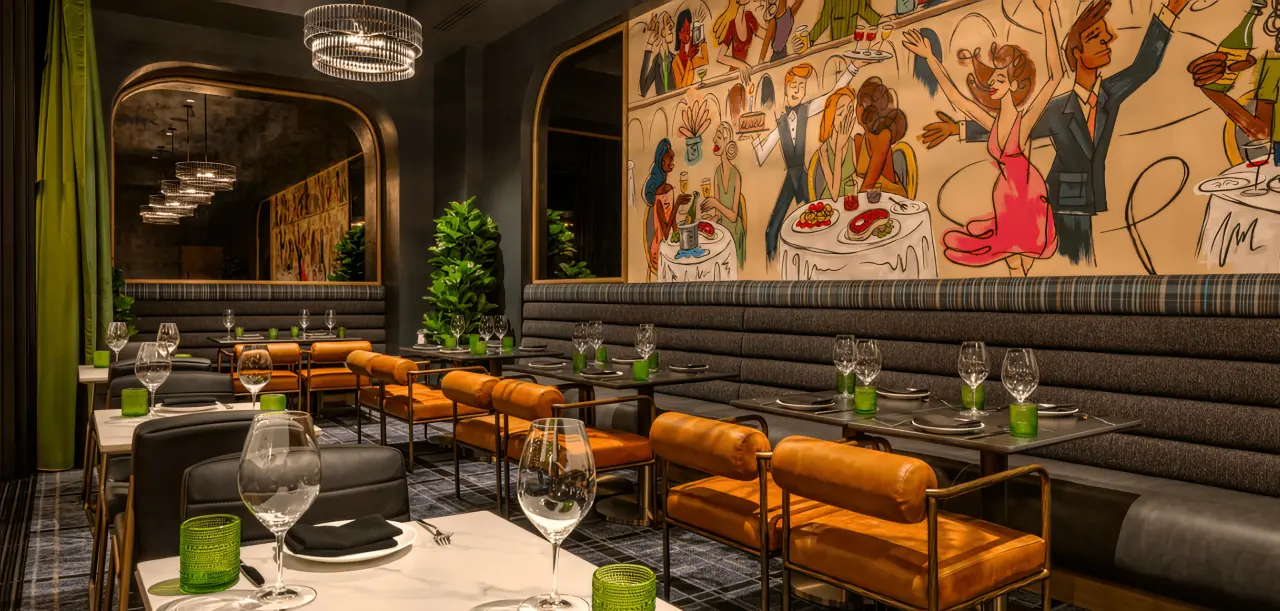 Manhattan, with banquettes under a painted mural